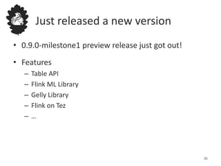 Just released a new version
• 0.9.0-milestone1 preview release just got out!
• Features
– Table API
– Flink ML Library
– Gelly Library
– Flink on Tez
– …
31
 