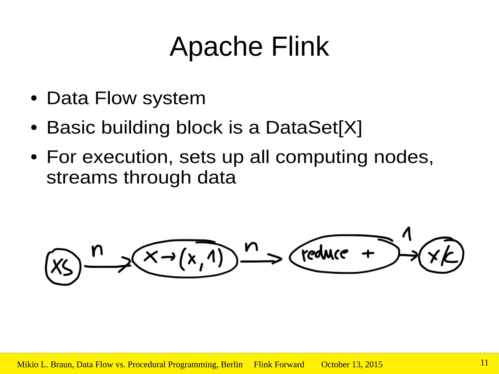 October 13, 2015Mikio L. Braun, Data Flow vs. Procedural Programming, Berlin Flink Forward 11
Apache Flink
● Data Flow system
● Basic building block is a DataSet[X]
● For execution, sets up all computing nodes,
streams through data
 