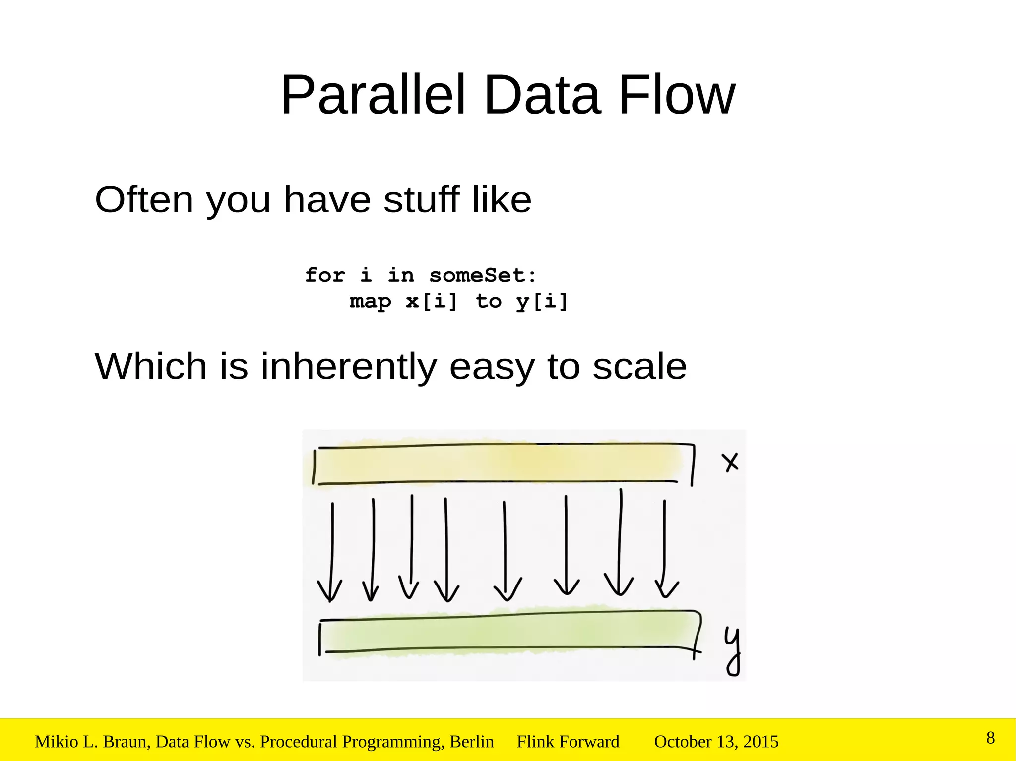 October 13, 2015Mikio L. Braun, Data Flow vs. Procedural Programming, Berlin Flink Forward 8
Parallel Data Flow
Often you have stuff like
Which is inherently easy to scale
for i in someSet:
map x[i] to y[i]
 