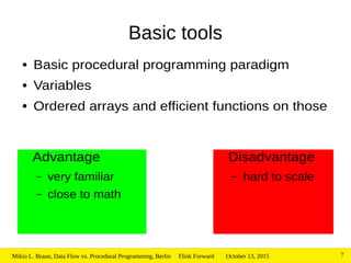 October 13, 2015Mikio L. Braun, Data Flow vs. Procedural Programming, Berlin Flink Forward 7
Basic tools
Advantage
– very familiar
– close to math
Disadvantage
– hard to scale
● Basic procedural programming paradigm
● Variables
● Ordered arrays and efficient functions on those
 