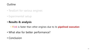 Outline
• TeraSort for various engines
• Experimental setup
• Results & analysis
• Flink is faster than other engines due to its pipelined execution
• What else for better performance?
• Conclusion
14
 