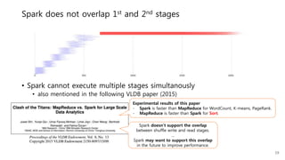 Spark does not overlap 1st and 2nd stages
• Spark cannot execute multiple stages simultaneously
• also mentioned in the following VLDB paper (2015)
Spark doesn’t support the overlap
between shuffle write and read stages.
…
Spark may want to support this overlap
in the future to improve performance.
Experimental results of this paper
- Spark is faster than MapReduce for WordCount, K-means, PageRank.
- MapReduce is faster than Spark for Sort.
19
 