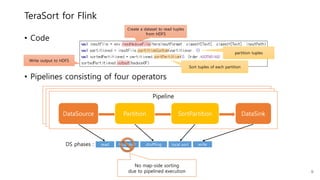 Pipeline
• Code
• Pipelines consisting of four operators
TeraSort for Flink
read shuffling writelocal sort
Create a dataset to read tuples
from HDFS
partition tuples
Sort tuples of each partition
DataSource Partition SortPartition DataSink
local sort
No map-side sorting
due to pipelined execution
Write output to HDFS
DS phases :
9
 