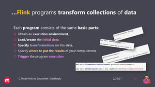 2/22/17C. Hadjinikolis & Satyasheel | DataReply 19
…Flink programs transform collections of data
Each program consists of the same basic parts:
 Obtain an execution environment,
 Load/create the initial data,
 Specify transformations on this data,
 Specify where to put the results of your computations
 Trigger the program execution
 
