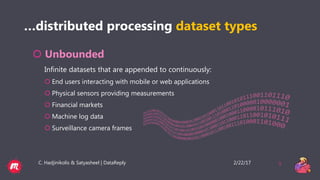 2/22/17C. Hadjinikolis & Satyasheel | DataReply 5
…distributed processing dataset types
 Unbounded
Infinite datasets that are appended to continuously:
 End users interacting with mobile or web applications
 Physical sensors providing measurements
 Financial markets
 Machine log data
 Surveillance camera frames
 