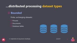 2/22/17C. Hadjinikolis & Satyasheel | DataReply 6
…distributed processing dataset types
 Bounded
Finite, unchanging datasets:
 Pictures
 Documents
 Database tables
 