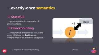 2/22/17C. Hadjinikolis & Satyasheel | DataReply 9
…exactly-once semantics
 Statefull
… apps can maintain summaries of
processed data.
 Checkpointing
… a mechanism that ensures that in the
event of failure no duplicate re-
computation of an event will take place.
 