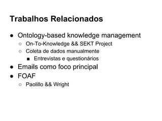 Trabalhos Relacionados 
● Ontology-based knowledge management 
○ On-To-Knowledge && SEKT Project 
○ Coleta de dados manualmente 
■ Entrevistas e questionários 
● Emails como foco principal 
● FOAF 
○ Paolillo && Wright 
 