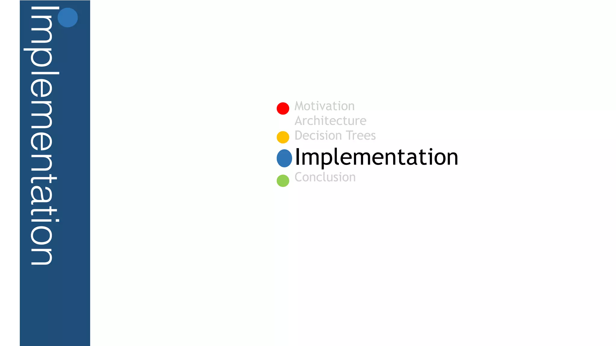Motivation
Architecture
Decision Trees
Implementation
Conclusion
Implementation
 