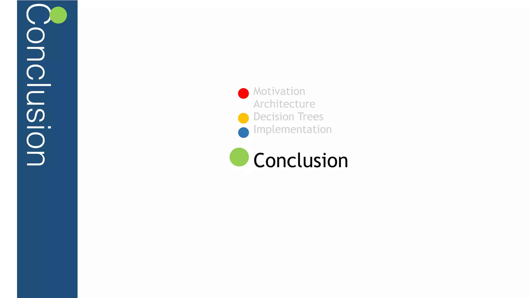 Motivation
Architecture
Decision Trees
Implementation
 
Conclusion
Conclusion
 