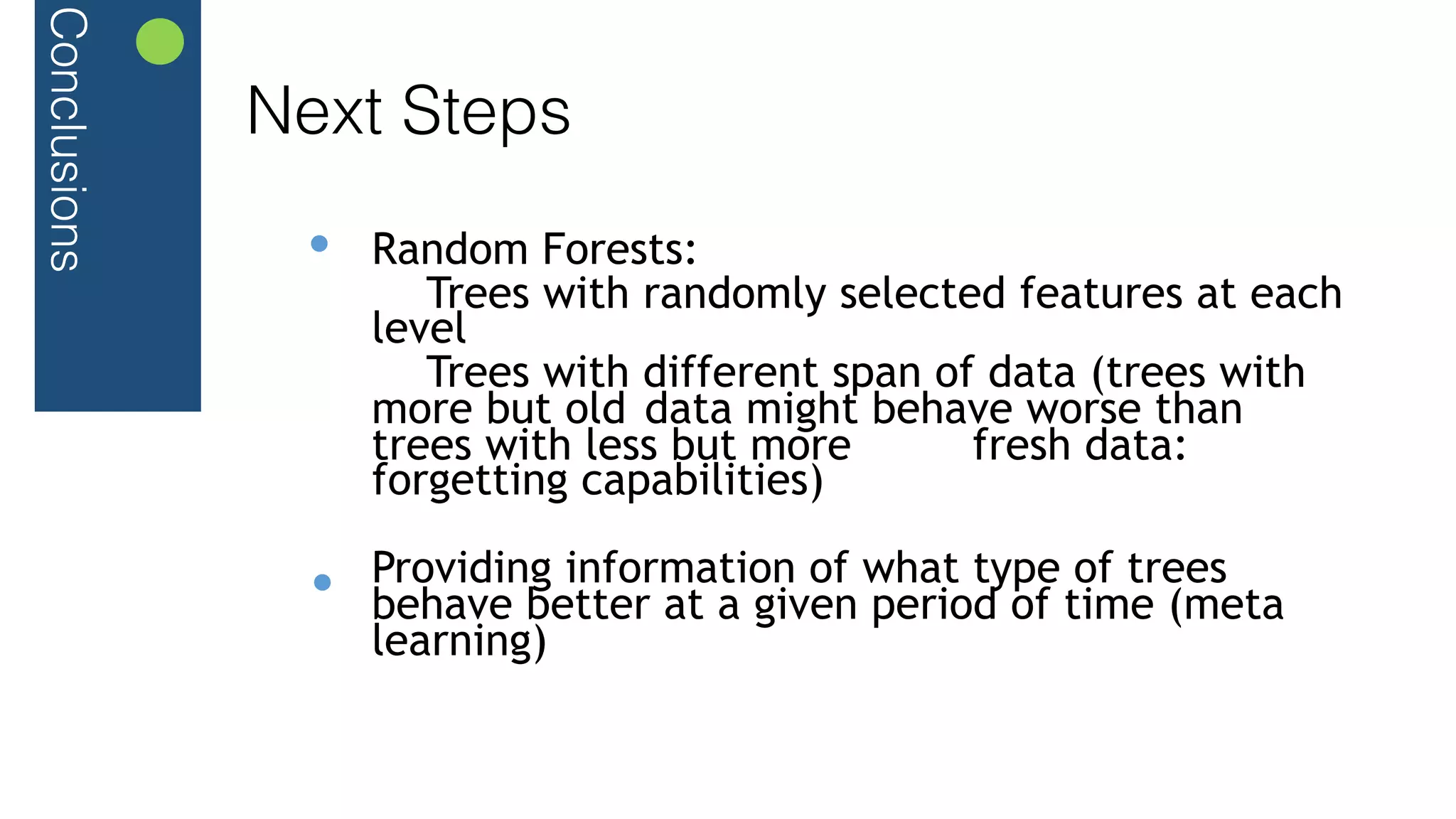 Conclusions
Next Steps
Random Forests:
Trees with randomly selected features at each
level
Trees with different span of data (trees with
more but old data might behave worse than
trees with less but more fresh data:
forgetting capabilities)
Providing information of what type of trees
behave better at a given period of time (meta
learning)
 