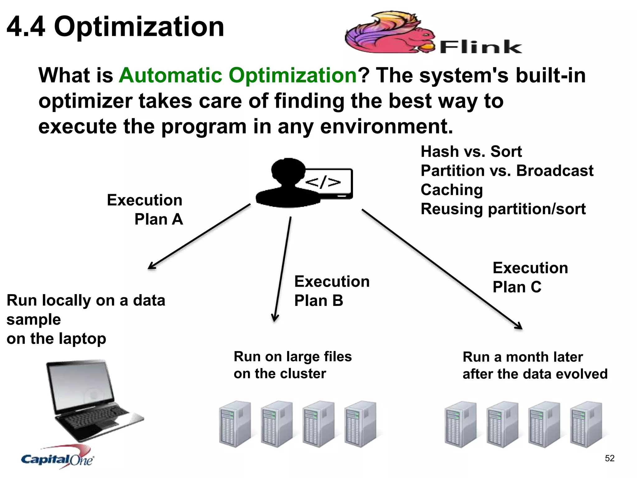 52
4.4 Optimization
Run locally on a data
sample
on the laptop
Run a month later
after the data evolved
Hash vs. Sort
Partition vs. Broadcast
Caching
Reusing partition/sort
Execution
Plan A
Execution
Plan B
Run on large files
on the cluster
Execution
Plan C
What is Automatic Optimization? The system's built-in
optimizer takes care of finding the best way to
execute the program in any environment.
 