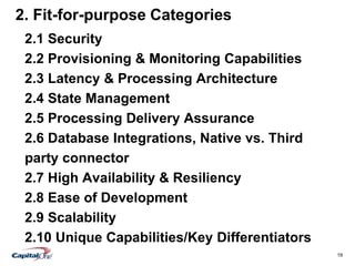 19
2. Fit-for-purpose Categories
2.1 Security
2.2 Provisioning & Monitoring Capabilities
2.3 Latency & Processing Architecture
2.4 State Management
2.5 Processing Delivery Assurance
2.6 Database Integrations, Native vs. Third
party connector
2.7 High Availability & Resiliency
2.8 Ease of Development
2.9 Scalability
2.10 Unique Capabilities/Key Differentiators
 