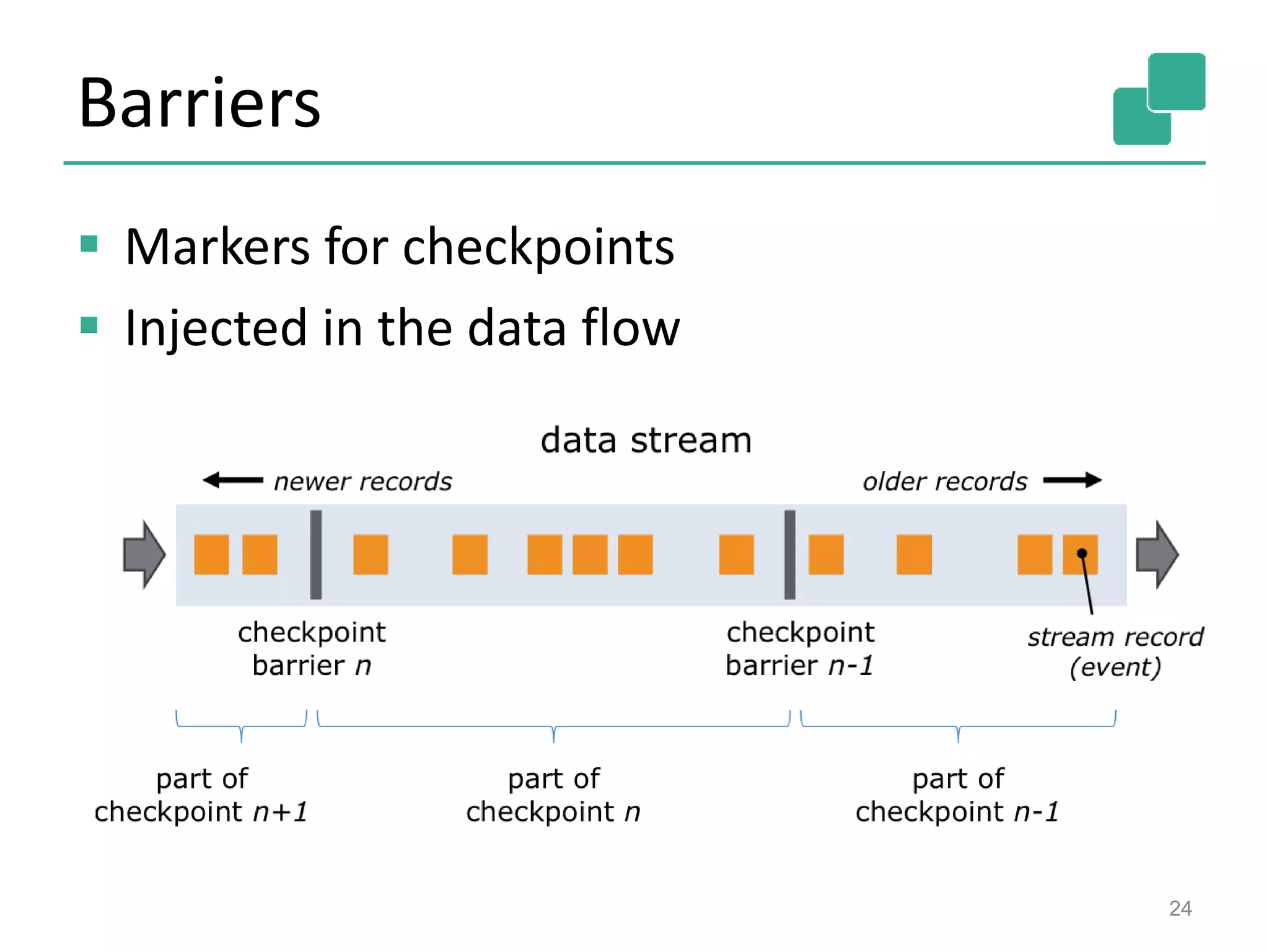 Barriers
 Markers for checkpoints
 Injected in the data flow
24
 