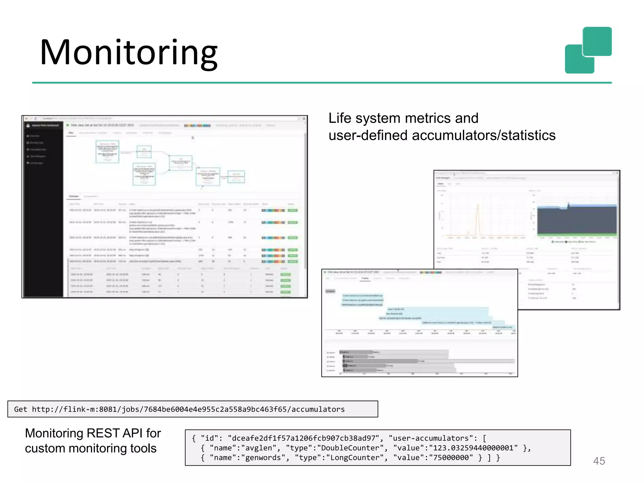 Monitoring
45
Life system metrics and
user-defined accumulators/statistics
Get http://flink-m:8081/jobs/7684be6004e4e955c2a558a9bc463f65/accumulators
Monitoring REST API for
custom monitoring tools
{ "id": "dceafe2df1f57a1206fcb907cb38ad97", "user-accumulators": [
{ "name":"avglen", "type":"DoubleCounter", "value":"123.03259440000001" },
{ "name":"genwords", "type":"LongCounter", "value":"75000000" } ] }
 