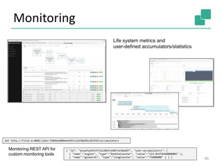 Monitoring
45
Life system metrics and
user-defined accumulators/statistics
Get http://flink-m:8081/jobs/7684be6004e4e955c2a558a9bc463f65/accumulators
Monitoring REST API for
custom monitoring tools
{ "id": "dceafe2df1f57a1206fcb907cb38ad97", "user-accumulators": [
{ "name":"avglen", "type":"DoubleCounter", "value":"123.03259440000001" },
{ "name":"genwords", "type":"LongCounter", "value":"75000000" } ] }
 