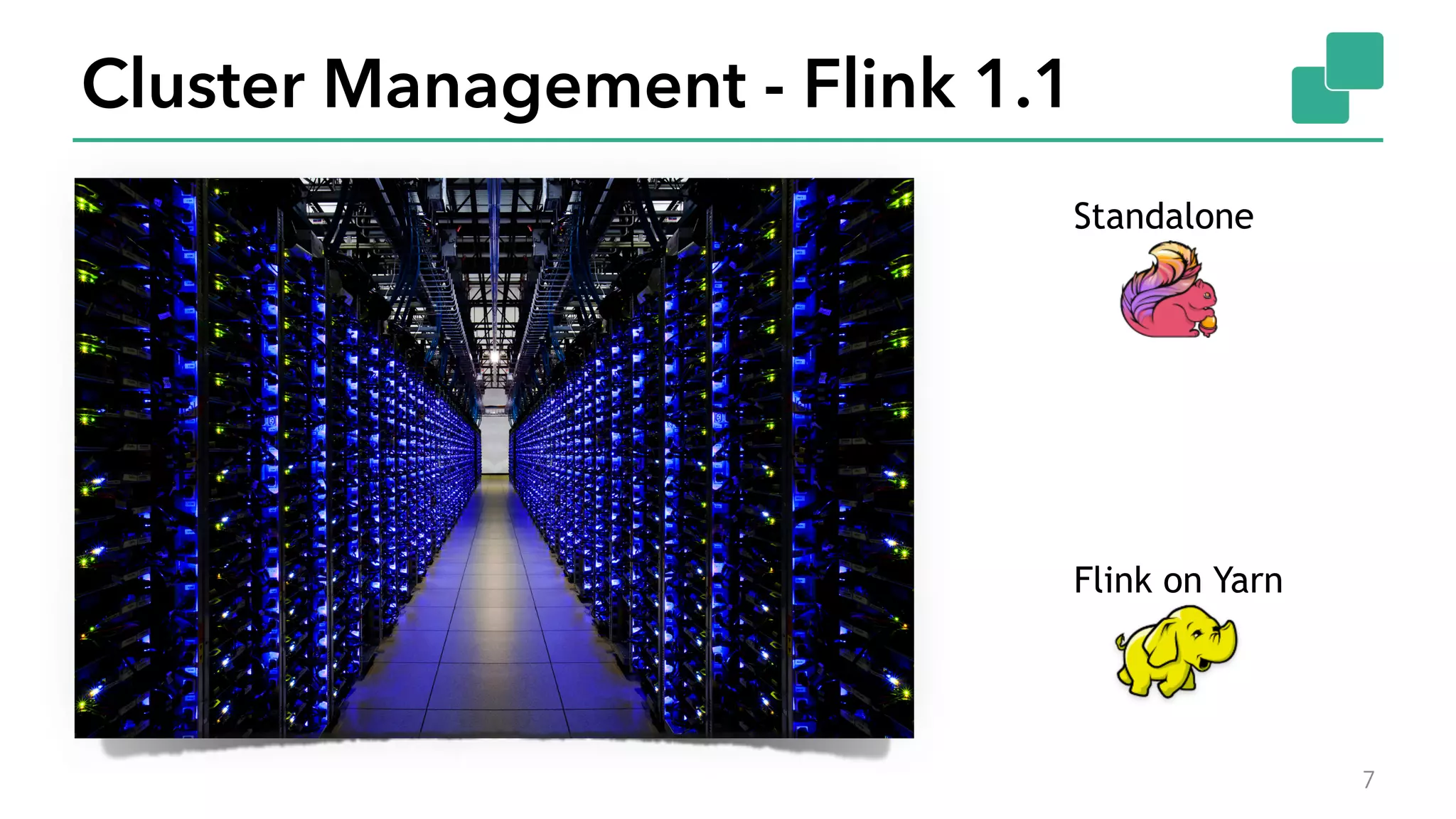 Cluster Management - Flink 1.1
7
Standalone
Flink on Yarn
 