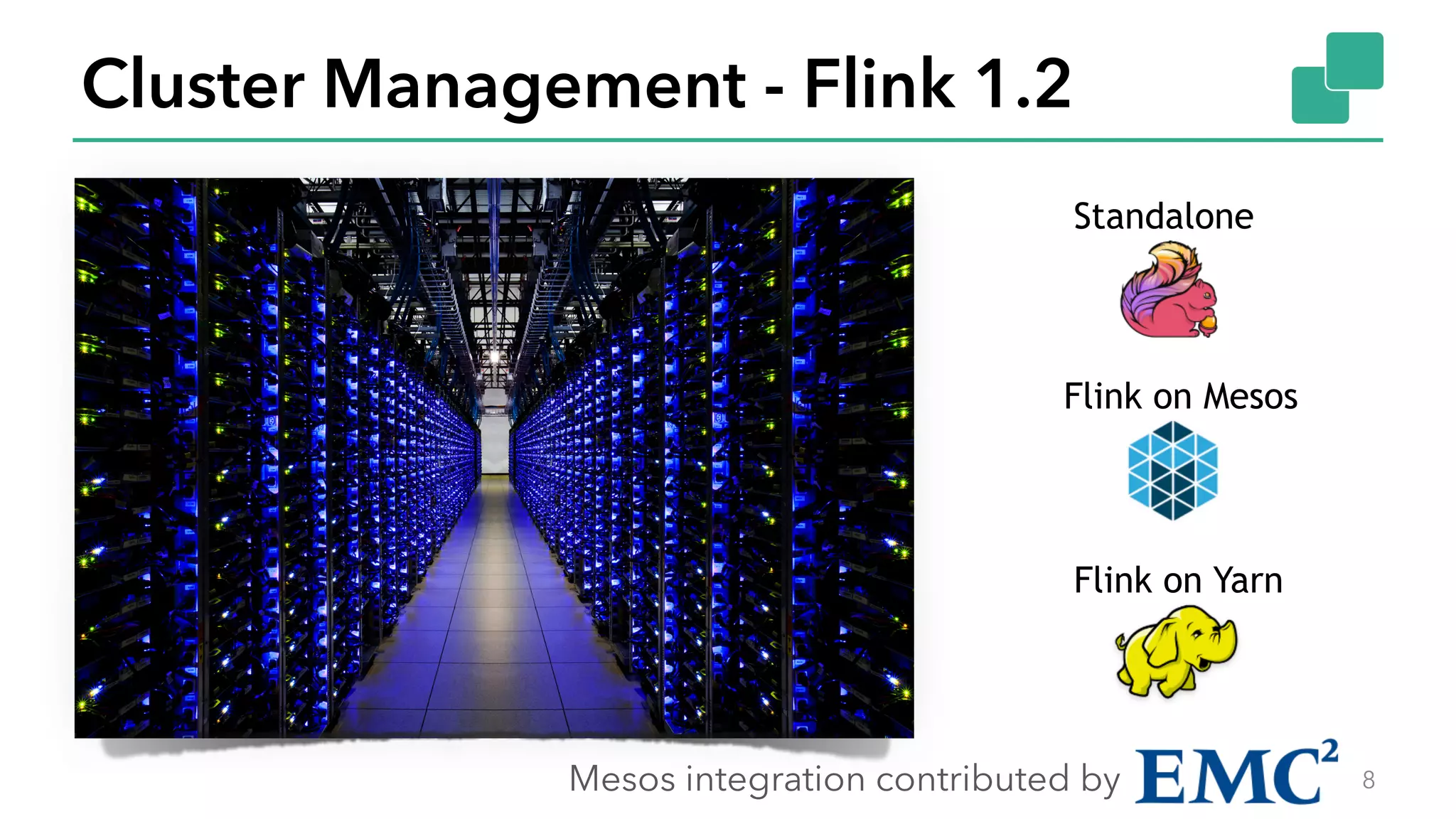 Cluster Management - Flink 1.2
8Mesos integration contributed by
Standalone
Flink on Yarn
Flink on Mesos
 