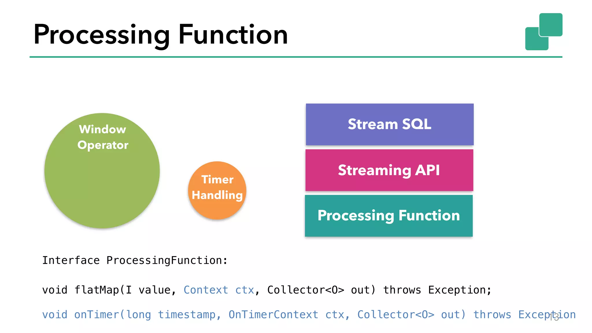 Processing Function
13
Stream SQL
Streaming API
Processing Function
Window
Operator
Timer
Handling
Interface ProcessingFunction:
void flatMap(I value, Context ctx, Collector<O> out) throws Exception;
void onTimer(long timestamp, OnTimerContext ctx, Collector<O> out) throws Exception
 