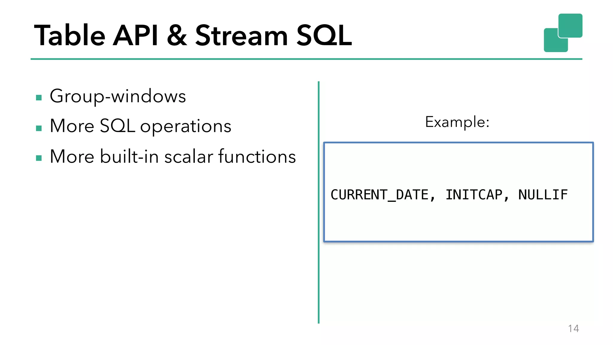 Table API & Stream SQL
▪ Group-windows
▪ More SQL operations
▪ More built-in scalar functions
14
Example:
CURRENT_DATE, INITCAP, NULLIF
 