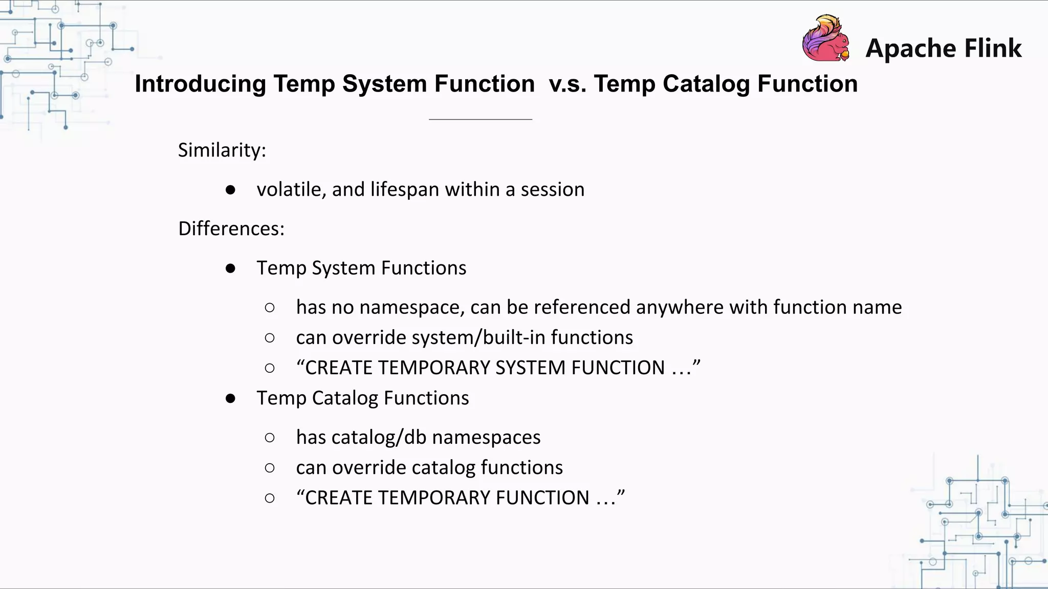 Similarity: ● volatile, and lifespan within a session Differences: ● Temp System Functions ○ has no namespace, can be referenced anywhere with function name ○ can override system/built-in functions ○ “CREATE TEMPORARY SYSTEM FUNCTION …” ● Temp Catalog Functions ○ has catalog/db namespaces ○ can override catalog functions ○ “CREATE TEMPORARY FUNCTION …” Introducing Temp System Function v.s. Temp Catalog Function 
