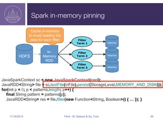 Spark in-memory pinning 
Filter 
Term 1 
Cache in-memory 
to avoid reading the 
data for each filter 
HDFS 
Filter 
Term 2 
Filter 
Term 3 
Matches 
Matches 
Matches 
In- 
Memory 
RDD 
JavaSparkContext sc = new JavaSparkContext(conf); 
JavaRDD<String> file = sc.textFile(inFile).persist(StorageLevel.MEMORY_AND_DISK()); 
for(int p = 0; p < patterns.length; p++) { 
final String pattern = patterns[p]; 
JavaRDD<String> res = file.filter(new Function<String, Boolean>() { … }); } 
11/18/2014 Flink - M. Balassi & Gy. Fora 36 
 