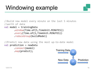 Windowing example
//Build new model every minute on the last 5 minutes
//worth of data
val model = trainingData
.window(Time.of(5,TimeUnit.MINUTES))
.every(Time.of(1,TimeUnit.MINUTES))
.reduceGroup(buildModel)
//Predict new data using the most up-to-date model
val prediction = newData
.connect(model)
.map(predict); M
P
Training Data
New Data Prediction
12/01/15 16
 