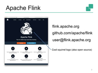 Apache Flink
2
flink.apache.org
github.com/apache/flink
user@flink.apache.org
Cool squirrel logo (also open source)
 
