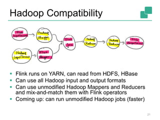 Hadoop Compatibility
 Flink runs on YARN, can read from HDFS, HBase
 Can use all Hadoop input and output formats
 Can use unmodified Hadoop Mappers and Reducers
and mix-and-match them with Flink operators
 Coming up: can run unmodified Hadoop jobs (faster)
21
 