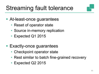 Streaming fault tolerance
 At-least-once guarantees
• Reset of operator state
• Source in-memory replication
• Expected Q1 2015
 Exactly-once guarantees
• Checkpoint operator state
• Rest similar to batch fine-grained recovery
• Expected Q2 2015
65
 