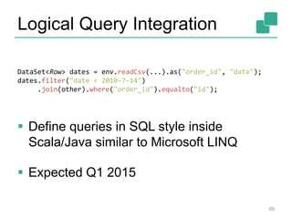 Logical Query Integration
 Define queries in SQL style inside
Scala/Java similar to Microsoft LINQ
 Expected Q1 2015
69
DataSet<Row> dates = env.readCsv(...).as("order_id", "date");
dates.filter("date < 2010-7-14")
.join(other).where("order_id").equalto("id");
 