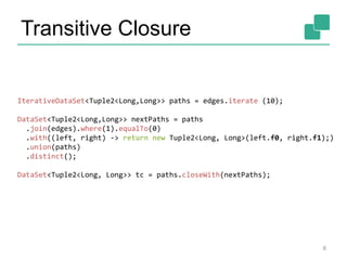Transitive Closure
8
IterativeDataSet<Tuple2<Long,Long>> paths = edges.iterate (10);
DataSet<Tuple2<Long,Long>> nextPaths = paths
.join(edges).where(1).equalTo(0)
.with((left, right) -> return new Tuple2<Long, Long>(left.f0, right.f1);)
.union(paths)
.distinct();
DataSet<Tuple2<Long, Long>> tc = paths.closeWith(nextPaths);
 