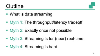 Outline
 What is data streaming
 Myth 1: The throughput/latency tradeoff
 Myth 2: Exactly once not possible
 Myth 3: Streaming is for (near) real-time
 Myth 4: Streaming is hard
4
 