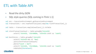22© Cloudera, Inc. All rights reserved.
ETL with Table API
• Read the dirty JSON
• SQL style queries (SQL coming in Flink 1.1)
val env = ExecutionEnvironment.getExecutionEnvironment
val transactions = env.readTextFile(json).map(new FlinkTransaction(_))
val table = transactions.map(toCaseClass(_)).toTable
val storeTransactionCount = table.groupBy('storeId)
.select('storeId, 'storeName, 'storeId.count as 'count)
val bestStores = table.groupBy('storeId)
.select('storeId.max as 'max)
.join(storeTransactionCount)
.where(”count = max”)
.select('storeId, 'storeName, 'storeId.count as 'count)
.toDataSet[StoreCount]
 