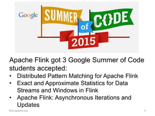 flink.apache.org 4
Apache Flink got 3 Google Summer of Code
students accepted:
• Distributed Pattern Matching for Apache Flink
• Exact and Approximate Statistics for Data
Streams and Windows in Flink
• Apache Flink: Asynchronous Iterations and
Updates
 