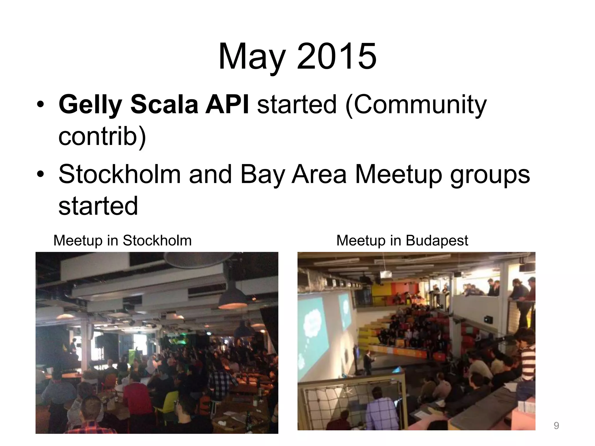 May 2015
• Gelly Scala API started (Community
contrib)
• Stockholm and Bay Area Meetup groups
started
flink.apache.org 9
Meetup in BudapestMeetup in Stockholm
 
