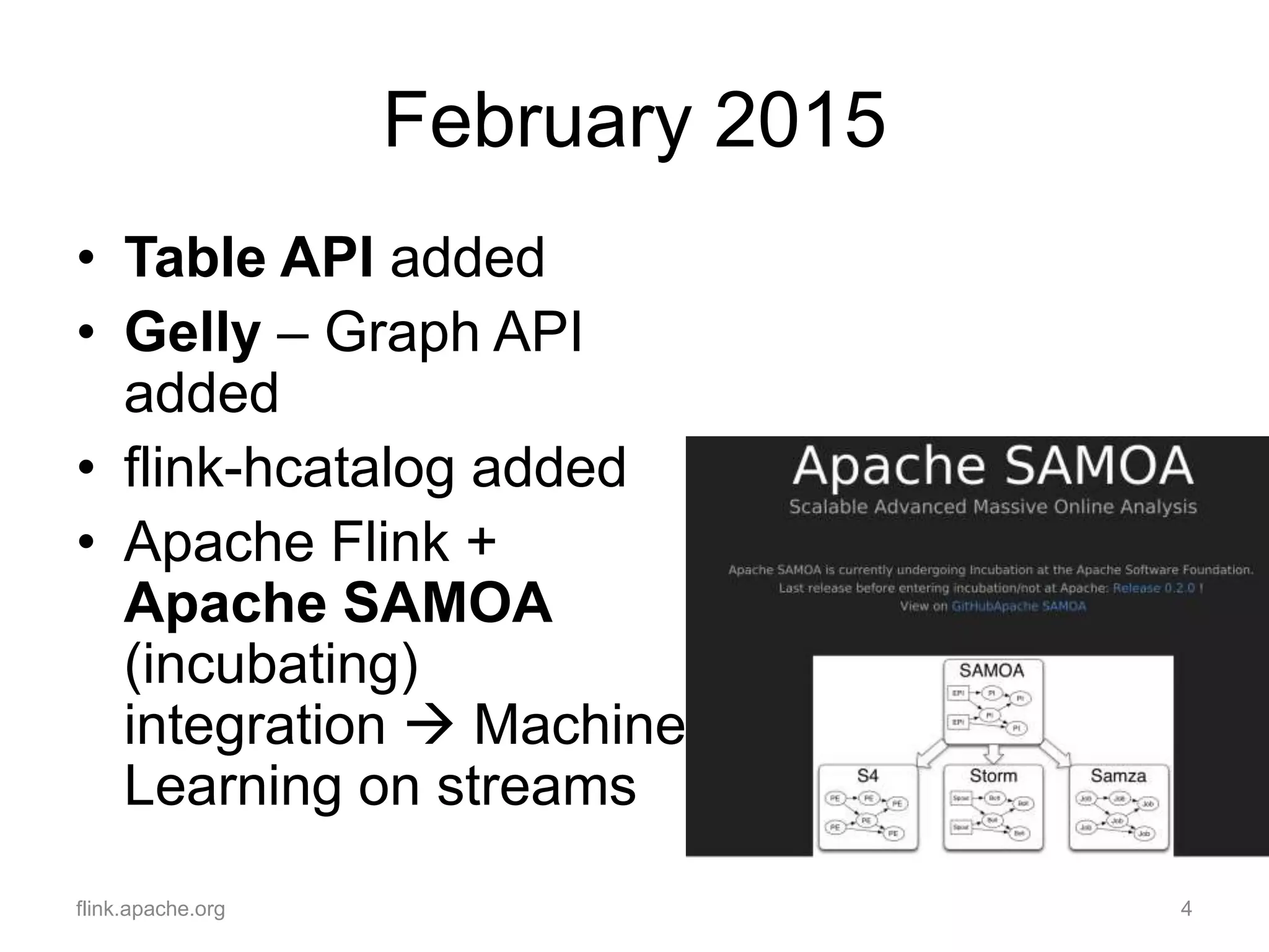 February 2015
• Table API added
• Gelly – Graph API
added
• flink-hcatalog added
• Apache Flink +
Apache SAMOA
(incubating)
integration  Machine
Learning on streams
flink.apache.org 4
 