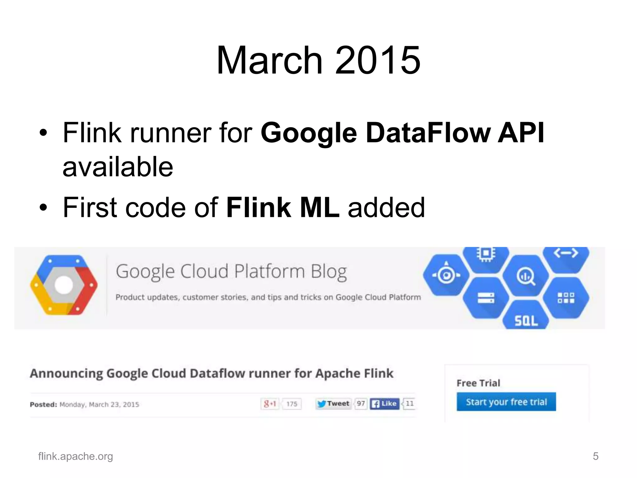 March 2015
• Flink runner for Google DataFlow API
available
• First code of Flink ML added
flink.apache.org 5
 