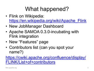 What happened?
• Flink on Wikipedia:
https://en.wikipedia.org/wiki/Apache_Flink
• New JobManager Dashboard
• Apache SAMOA 0.3.0-incubating with
Flink integration
• New “Features” page
• Contributors list (can you spot your
name?)
https://cwiki.apache.org/confluence/display/
FLINK/List+of+contributors
flink.apache.org 3
 