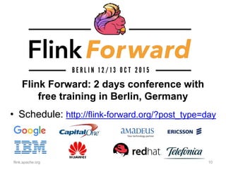 flink.apache.org 10
Flink Forward: 2 days conference with
free training in Berlin, Germany
• Schedule: http://flink-forward.org/?post_type=day
 