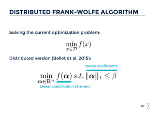 Solving the current optimization problem:
Distributed version (Bellet et al. 2015):
20
DISTRIBUTED FRANK-WOLFE ALGORITHM
Linear combination of atoms
sparse coefficients
 