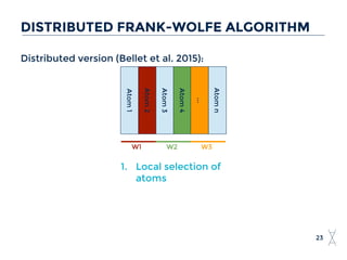 Distributed version (Bellet et al. 2015):
23
DISTRIBUTED FRANK-WOLFE ALGORITHM
Atom1
Atom2
Atom3
Atom4
...
Atomn
W1 W2 W3
1. Local selection of
atoms
 