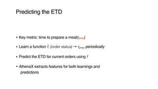 Predicting the ETD
• Key metric: time to prepare a meal(tprep)
• Learn a function f: (order status) → tprep periodically
•...