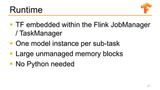 Runtime
 TF embedded within the Flink JobManager
/ TaskManager
 One model instance per sub-task
 Large unmanaged memory blocks
 No Python needed
21
 