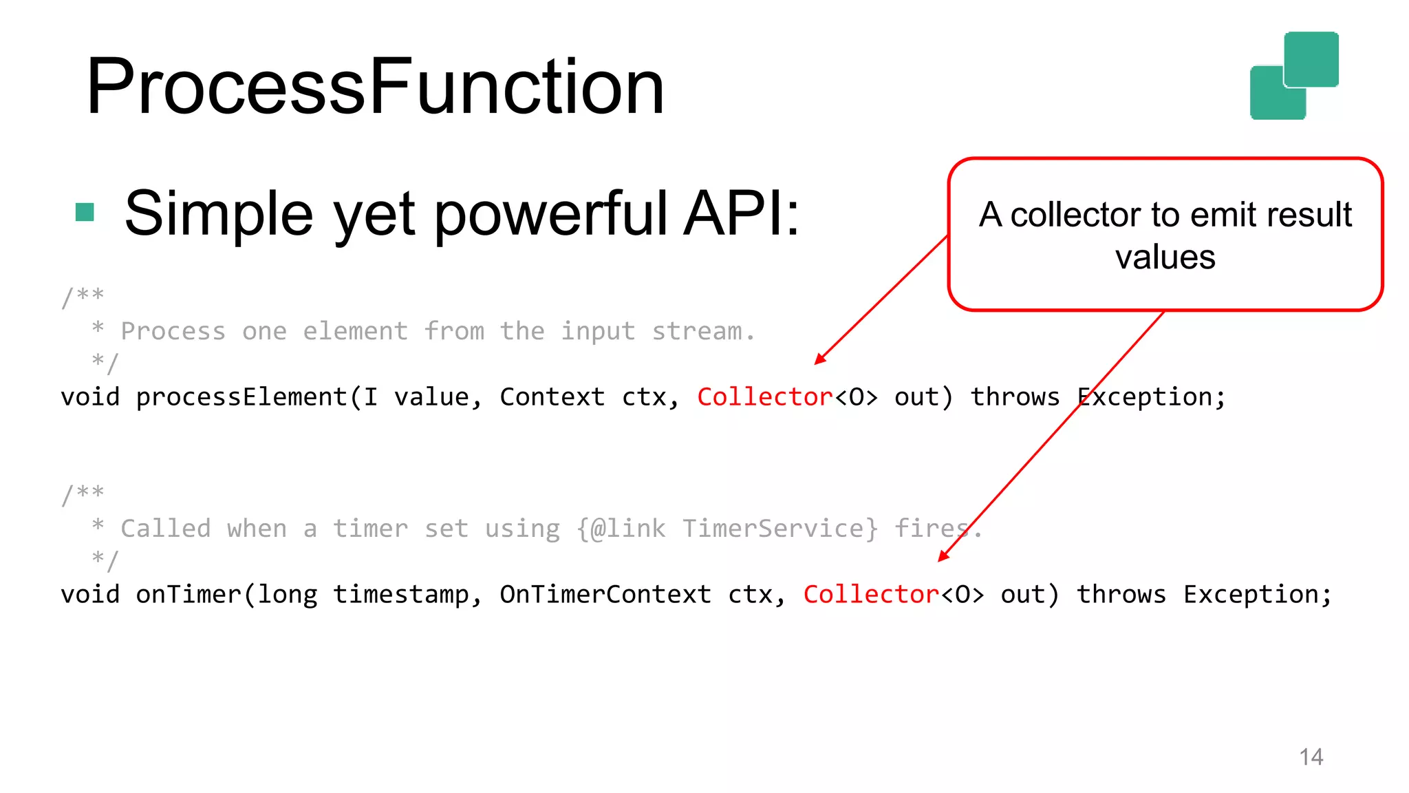  Simple yet powerful API:
14
/**
* Process one element from the input stream.
*/
void processElement(I value, Context ctx, Collector<O> out) throws Exception;
/**
* Called when a timer set using {@link TimerService} fires.
*/
void onTimer(long timestamp, OnTimerContext ctx, Collector<O> out) throws Exception;
A collector to emit result
values
ProcessFunction
 