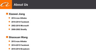 About Us
 Xiaowei Jiang
 2014-now Alibaba
 2010-2014 Facebook
 2002-2010 Microsoft
 2000-2002 Stratify
 Shaoxuan Wang
 2015-now Alibaba
 2014-2015 Facebook
 2010-2014 Broadcom
 