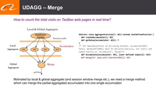 UDAGG – Merge
Motivated by local & global aggregate (and session window merge etc.), we need a merge method
which can merge the partial aggregated accumulator into one single accumulator
How to count the total visits on TaoBao web pages in real time?
 