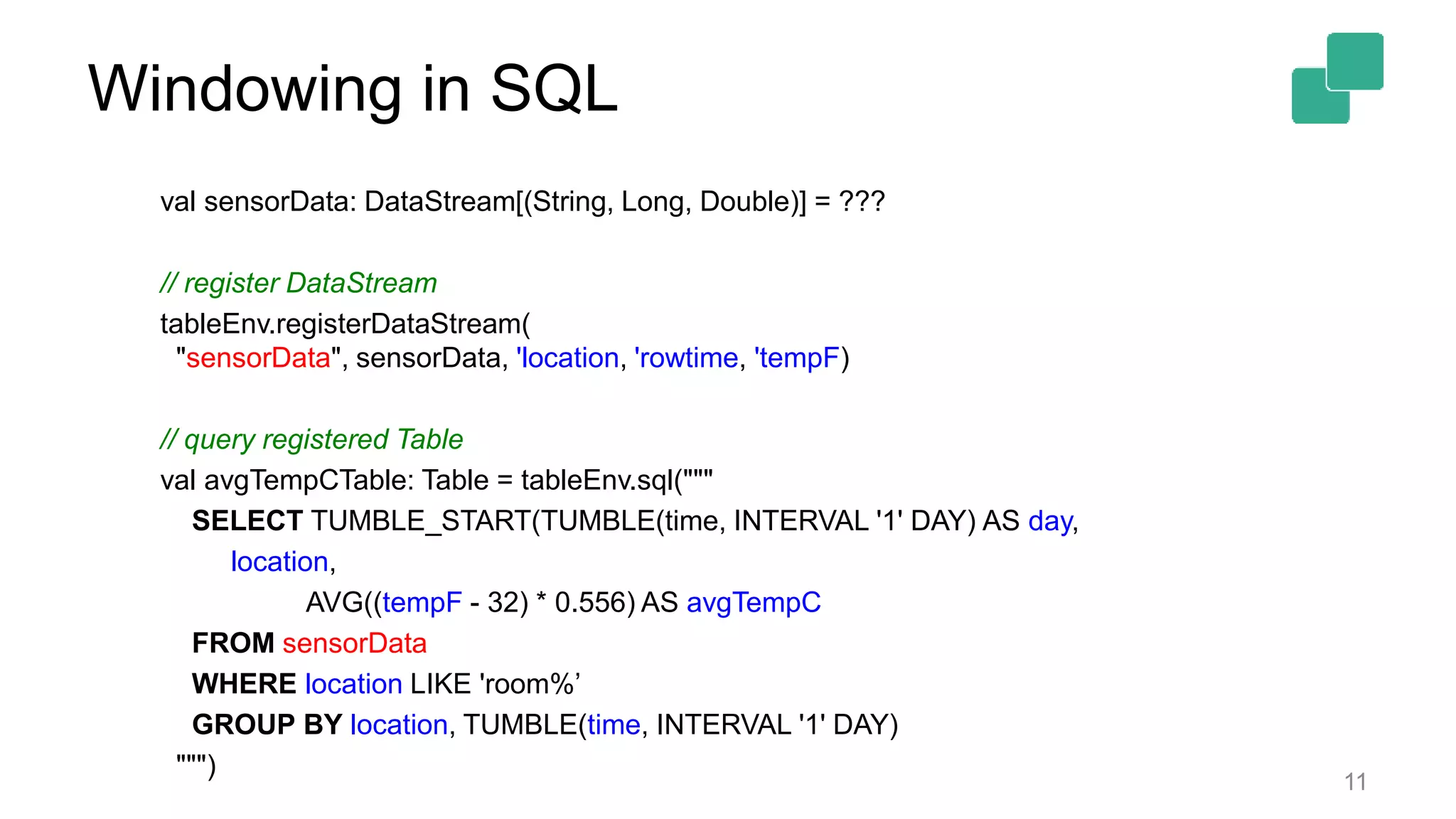 Windowing in SQL 11 val sensorData: DataStream[(String, Long, Double)] = ??? // register DataStream tableEnv.registerDataStream( "sensorData", sensorData, 'location, 'rowtime, 'tempF) // query registered Table val avgTempCTable: Table = tableEnv.sql(""" SELECT TUMBLE_START(TUMBLE(time, INTERVAL '1' DAY) AS day, location, AVG((tempF - 32) * 0.556) AS avgTempC FROM sensorData WHERE location LIKE 'room%’ GROUP BY location, TUMBLE(time, INTERVAL '1' DAY) """) 