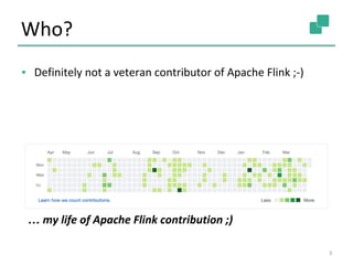 Who?
▪ Definitely not a veteran contributor of Apache Flink ;-)
3
… my life of Apache Flink contribution ;)
 