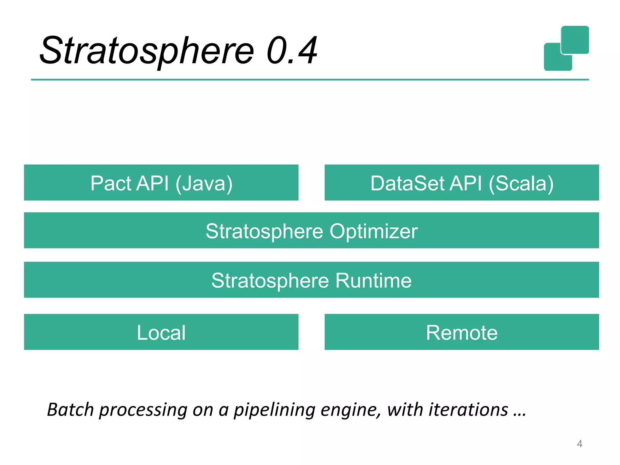 Stratosphere 0.4 4 Stratosphere Optimizer Pact API (Java) Stratosphere Runtime DataSet API (Scala) Local Remote Batch processing on a pipelining engine, with iterations … 